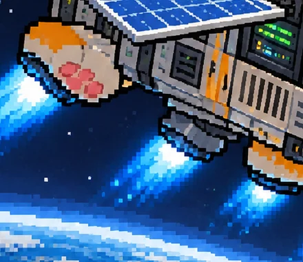 solar panel tucked under one paw, thrusters glowing under the others